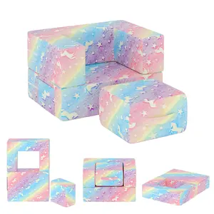 Lamerge Baxluxe Kids Couch and Ottoman Set, Cartoon Themed Toddler Sofa with Backrest, Plush Playroom Seating with Removable Washable Cover, Cozy Chair and Footstool for Reading, Play, Gray Soccer