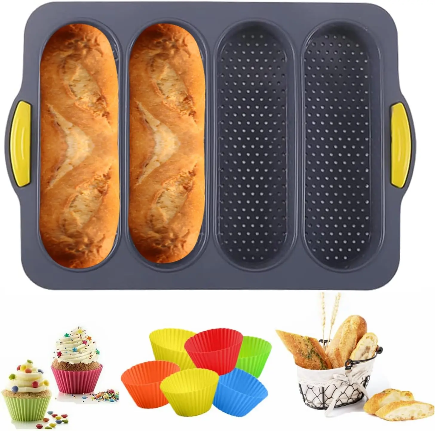 Silicone Sub Roll Baking Bread Loaf Pan,French Baguette Mold, Sourdough Bread Pan, Non-Stick Sub Sandwich Loaf Pans, Hot Dog Buns With 6 Muffin Cups for Homemade Bread