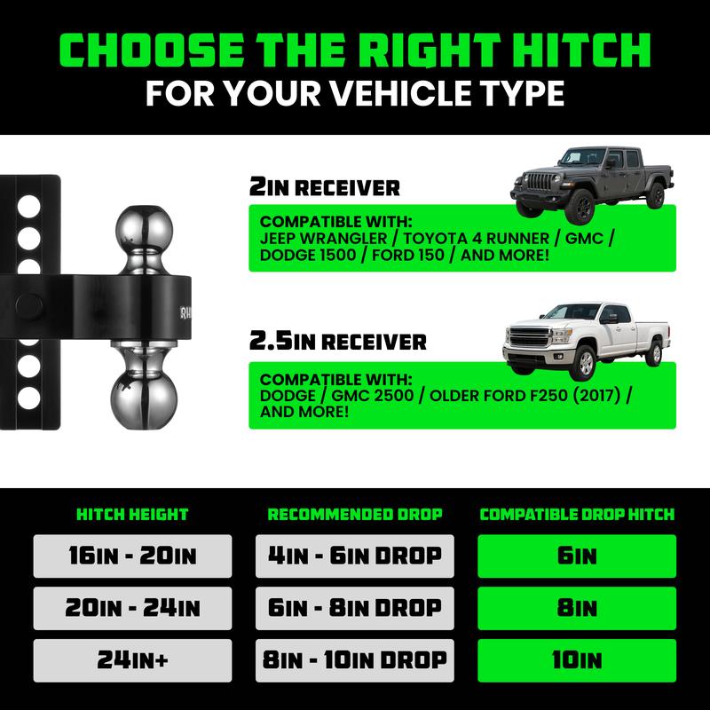 Rhino USA Adjustable Trailer Hitch (2.5-Inch Receiver) - Heavy Duty Aluminum Tow Hitches with 6-Inch Drop/Rise for Truck (18,500 LBS GTW)