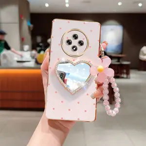 Reno12F Popular Series Flower Strap Lanyard Mirror Phone Holder Case For Compatible With Oppo Reno 12F Plating Cover and The Encounter of Colorful Hearts and Stars Love red dots Protector Cases