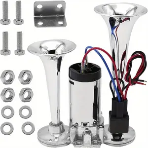 Heavy Duty 12V 130dB Car Horn Double Tube Design with Relay Electric Pump, Super Loud Air Horn for All 12V Motor Vehicles