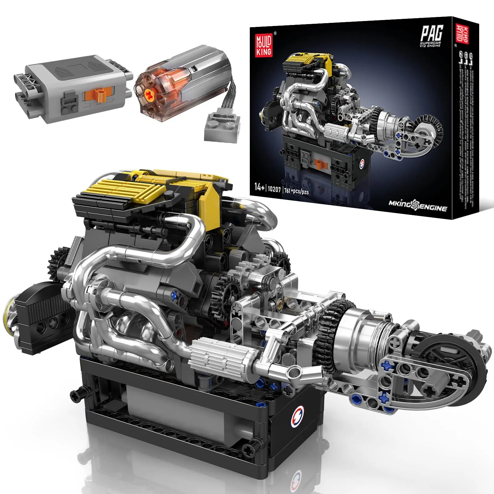 Mould King 10207 V8 Engine Building Blocks Set with Working Motor - Realistic Model Kit for Adults, DIY STEM Mechanic Engineering Construction Toy for Kids (761 Pieces), Building Set