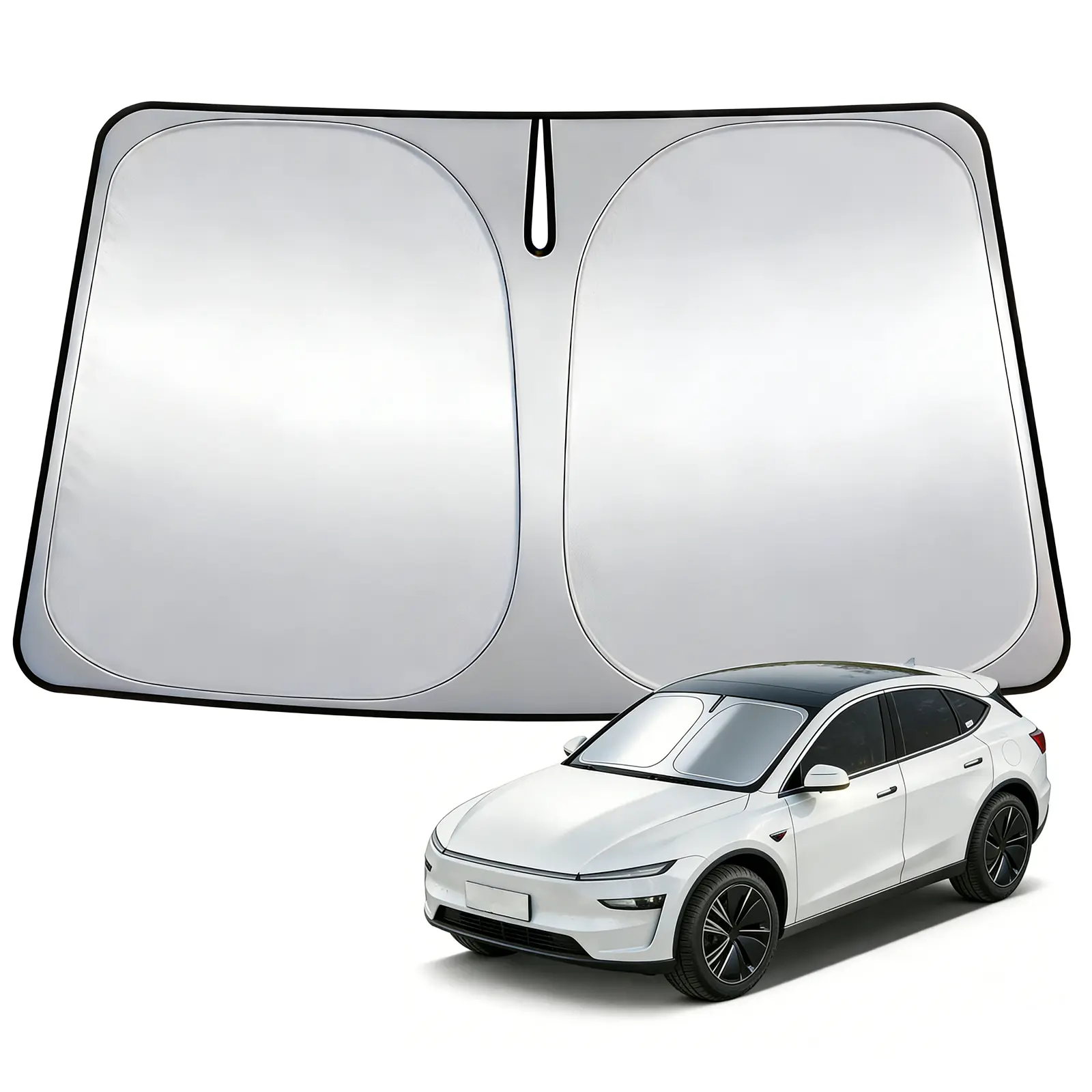 Front Window Windshield Sun Shade for Tesla Model 3 & Model Y (2017-Present), Automotive Car Exterior Accessory with Silver Coating, Double-Layer Insulation, Heat & UV Protection, Foldable Design
