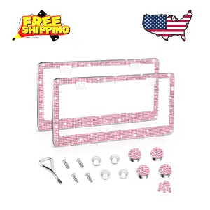 License Plate Frame for Women, 2Pack Rhinestone Handcrafted Crystal Premium Stainless Steel (Pink)