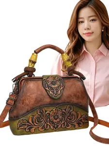 Women's Crossbody Bag, New Embossed Soft Leather Floral Design, Casual Versatile Shoulder Bag, Large Capacity, Vintage Ethnic Style, Handheld or Slung