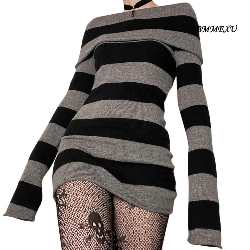 (influencer-approved) Women Gothic Dress Punk Off Shoulder Striped Knit Dress Y2k Fairy Grunge Dress Halloween Dark Academia Clothes Casual Long Sleeve comfortable  dress Summer Black Light Polyester Womenswear Boat Bodycon Check