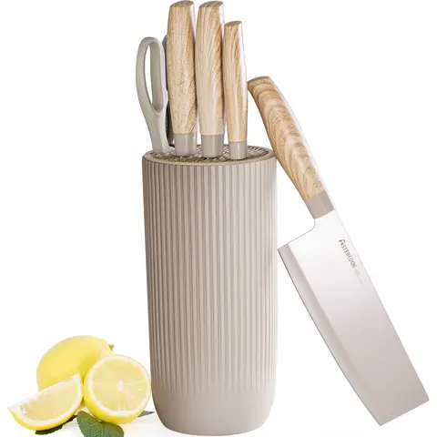 Astercook 6-Piece Stainless Steel Kitchen Knife Set with Scissor & Beige Universal Knife Block - Durable, Rustproof, Scratch-Resistant, Sharp, Ergonomic Kitchenware for Chefs