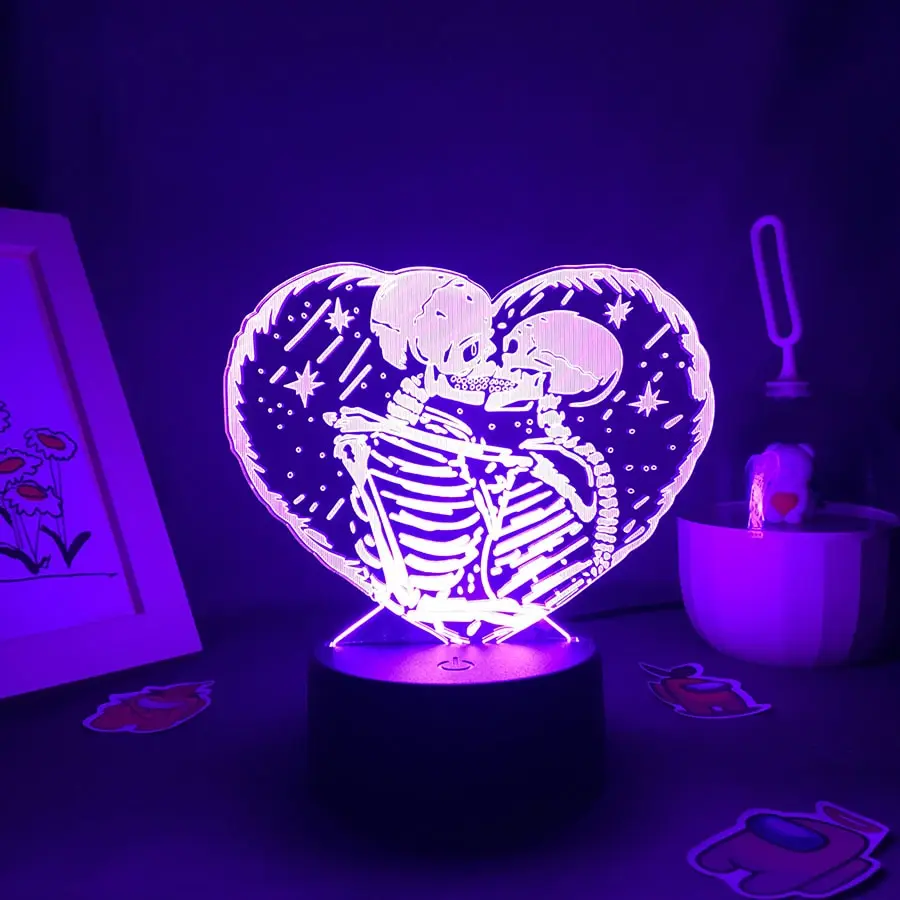 Two Skeletons Kissing Within a Heart 3D LED Night Light lamp for Kids Bedroom Night Light Bedside Decor - Christmas Gift