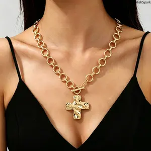 Hammered Cross Toggle Clasp Chunky Chain Necklace for Women Men, Gold Silver Vintage Punk Religious Choker, Statement Jewelry Gift summervibes