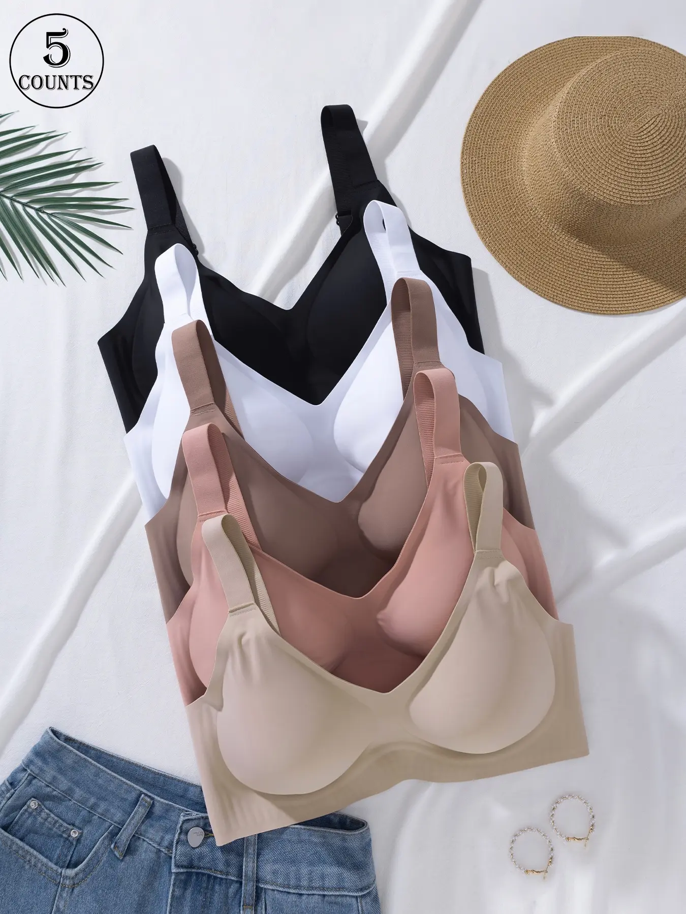 5 Pack, 5 colors Solid color plus-size seamless jelly women's bra, four-row four-hook adjustable straps, underwear sizes 0XL-4XL, supportive and gathering, beautiful back, suitable for daily, casual, Everyday, wireless seamless bra