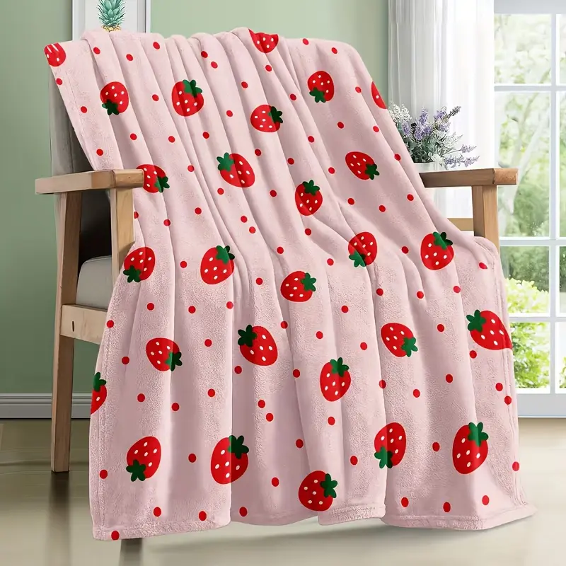 Microfibre Glam Strawberry Print Girls' Blanket - Soft, Lightweight, Warm, Comfortable, Wrinkle-Resistant, Durable, Breathable, Machine-Washable - Ideal Birthday Gift for Themed Bedroom Decor, Machine Wash