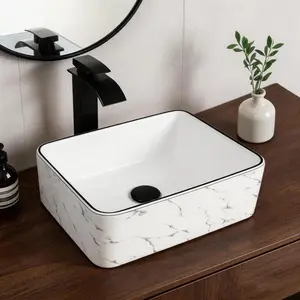 16 inch White Marble Ceramic Vessel Sink for Bathroom - Above Counter Rectangle Bathroom Sink with Faucet and Drain Combo, Modern Design