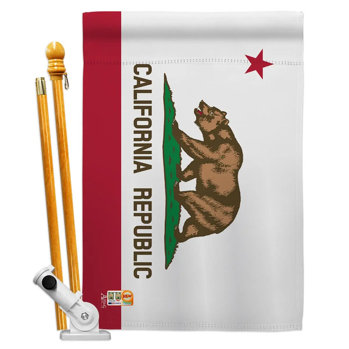 Americana Home & Garden 28x40 in. California State Impressions Double-Sided Vertical Decorative House Flag Set with 57 in. Flagpole Hardware, Adjustable Angle, Eco-Friendly Inks (Model AA-SS-HS-140505-IP-BO-D-US18-AG), 1 Pc X 57" 2 Pieces Wood Pole, 1 Pc