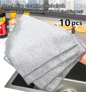 10 Counts Non Scratch Wire Dishcloth, Multipurpose Wire Dishwashing Rag for Wet and Dry, Multifunctional Dish Rags for Washing Dishes, Reusable Steel Wool Scrubber for Kitchen Cleaning