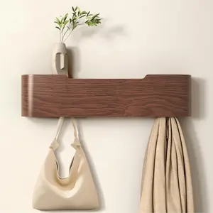 Wall Mounted Coat Rack with Shelf, Wooden Entryway Organizer with Hidden Metal Hooks for Hanging Coats Bags Keys, Modern Floating Shelf for Hallway Bathroom