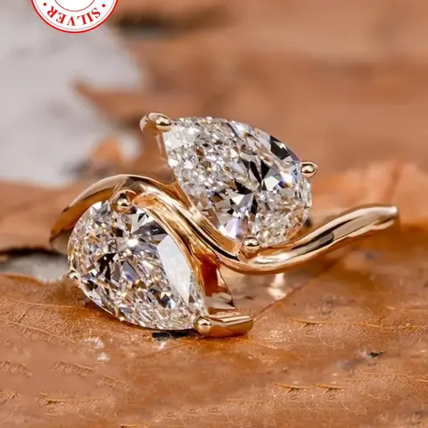 S925 Silver Color Ring with Water Drop Shaped Cubic Zirconia, Geometric Design Elegant Party Ring with Box for Women, Solitaire Engagement Ring, Marquise Ring, Art Deco Engagement Ring, Wedding Engagement Ring, Unique Rings, Beautiful Rings