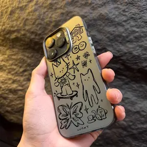 Scratch Cat Hand-Drawn Design Protective Shockproof Ultra-Thin Case, Camera Lens Protection Smartphone Cover for iPhone 16/15/14/13/12/11/plus/pro Max Series, Accessories