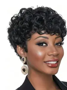 Cut Short Wigs For Women Glueless Daily Wear And Go Wigs Heat Resistant Short Curly Wigs With Bangs Black Color Synthetic Full Wigs With Bangs Beginner Friendly Synthetic Wig Kinky curly wig
