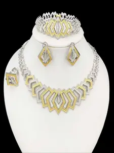 5 Piece Jewelry Set Gold Silver Color Two Tone Design High Quality Necklace Bracelet Earrings Ring, Wedding Bridal Party Holiday Gift Glamour Set