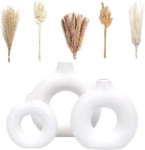 Set of 3 White Ceramic Vase with 65 count Dried Pampas Grass  Aesthetic Boho Modern Small Round Cute Vases for Decor Living Room Coffee Table Shelf Bedroom Office Desk Home Gifts Women Mom
