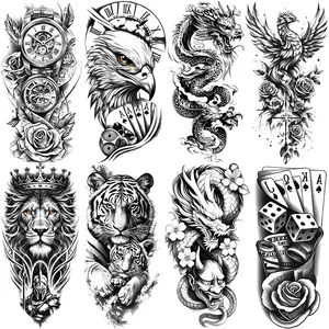 8 Animal Pattern Waterproof Temporary Tattoo Stickers, Tiger Dragon Eagle Poker Clock Floral Designs, for Men Women, All Occasions