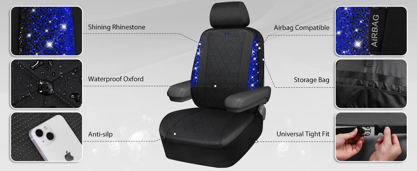 CAR PASS Oxford Bling Diamond Car Seat Covers 2 Front Interior Sets, Waterproof Shining Glitter Sparkly Crystal Universal Armrest Fit 95% Automotive Truck SUV Cute Women Girl, Black Blue Rhinestone