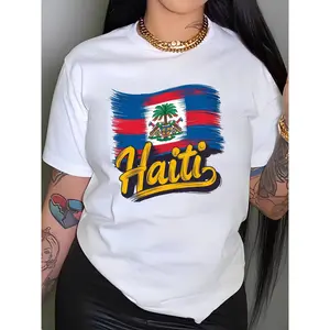 Haiti Patterned Women'S T-Shirt, Casual Round Neck, Short Sleeves for Spring And Summer.
