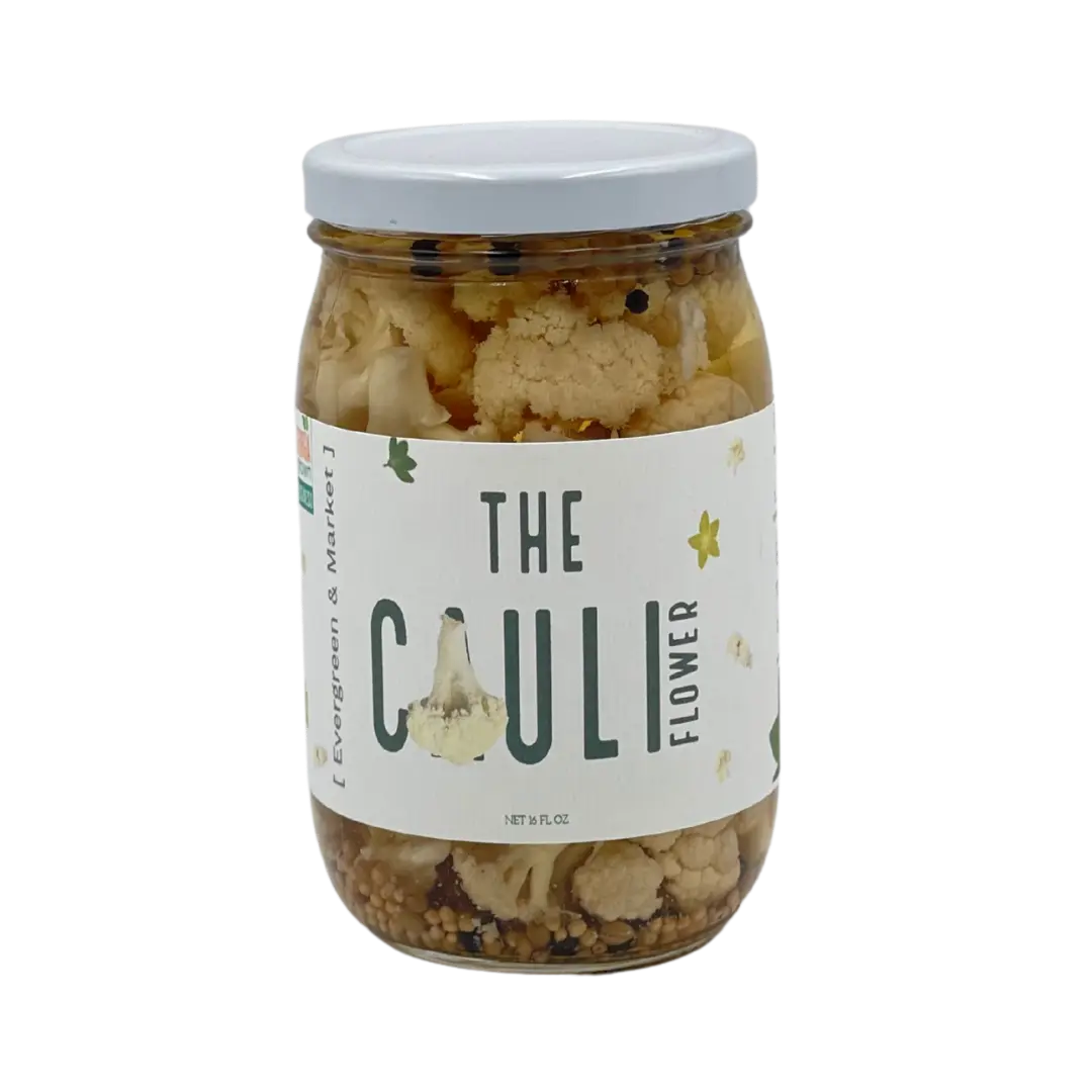 Evergreen & Market Pickled Cauliflower Snacks, 17 oz Glass Jar with Resealable Lid, Bright Tangy Crisp Flavor, Vinegar Base, 24-Month Shelf Life, Ideal for Salads, Sandwiches