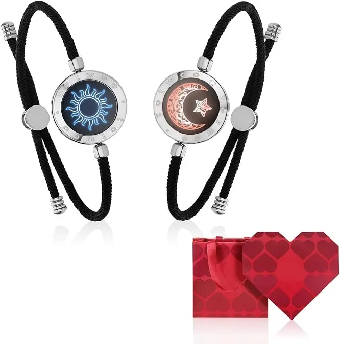 TOTWOO Long Distance Touch Bracelets Gift Set for Boyfriend & Her, Bluetooth App-Connected Smart Leather Bracelets Accessories with Sun&Moon Design, Red Heart Box for Anniversary, Birthday Wearable Jewelry