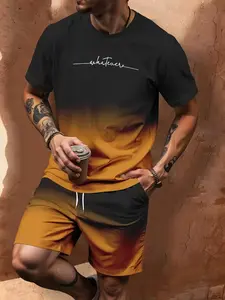 Men's Summer Sports Set, 3D Print Fashion Casual, Short Sleeve Crop Top, Fitted Track Shorts, Geometric Pattern