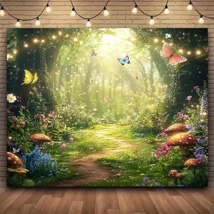 1pc 2D Flat Multi-function Butterfly and Wildflower Wonderland Magic Forest Fairy Tale Background, Polyester, for Birthday Theme Party Background Banner Decoration, Portrait Photography Studio Props Po Ornaments White
