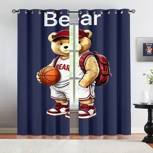 Handsome teddy bear pattern, 2-piece curtain set, suitable for living room, balcony, and bedroom windows, perfect for home, seasonal, holiday room decoration