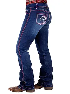 Women's Mid-Waist Bootcut Denim Clothing, Stretch Mid Waist Jeans with Horse Embroidery, Pink Contrast Stitching, Cowgirl Rodeo Style, Navy Blue