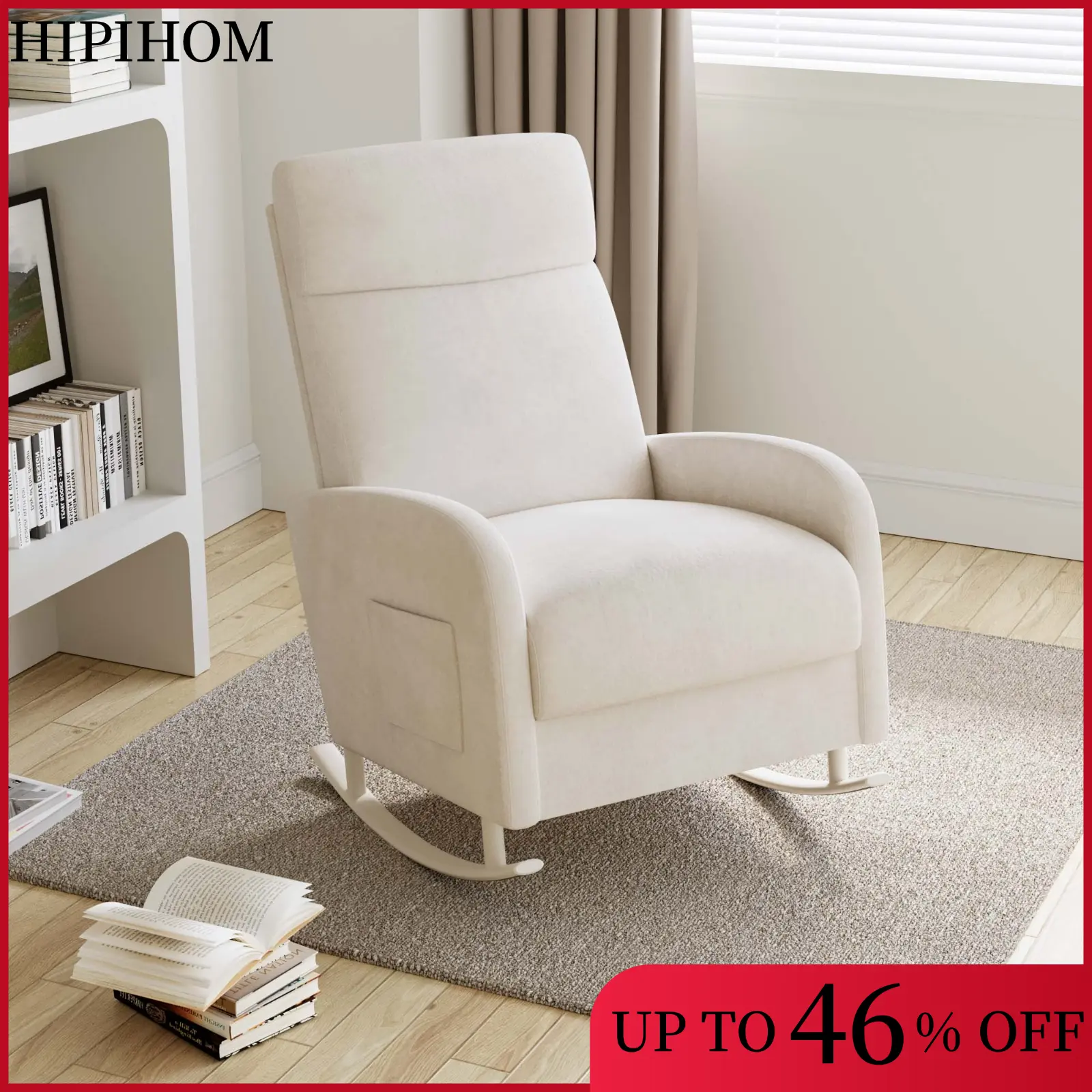 HIPIHOM Ergonomic Reclining Rocking Chair - Plush White Fabric Armchair, Living Room Furniture for Apartment Use & Soothing Babies