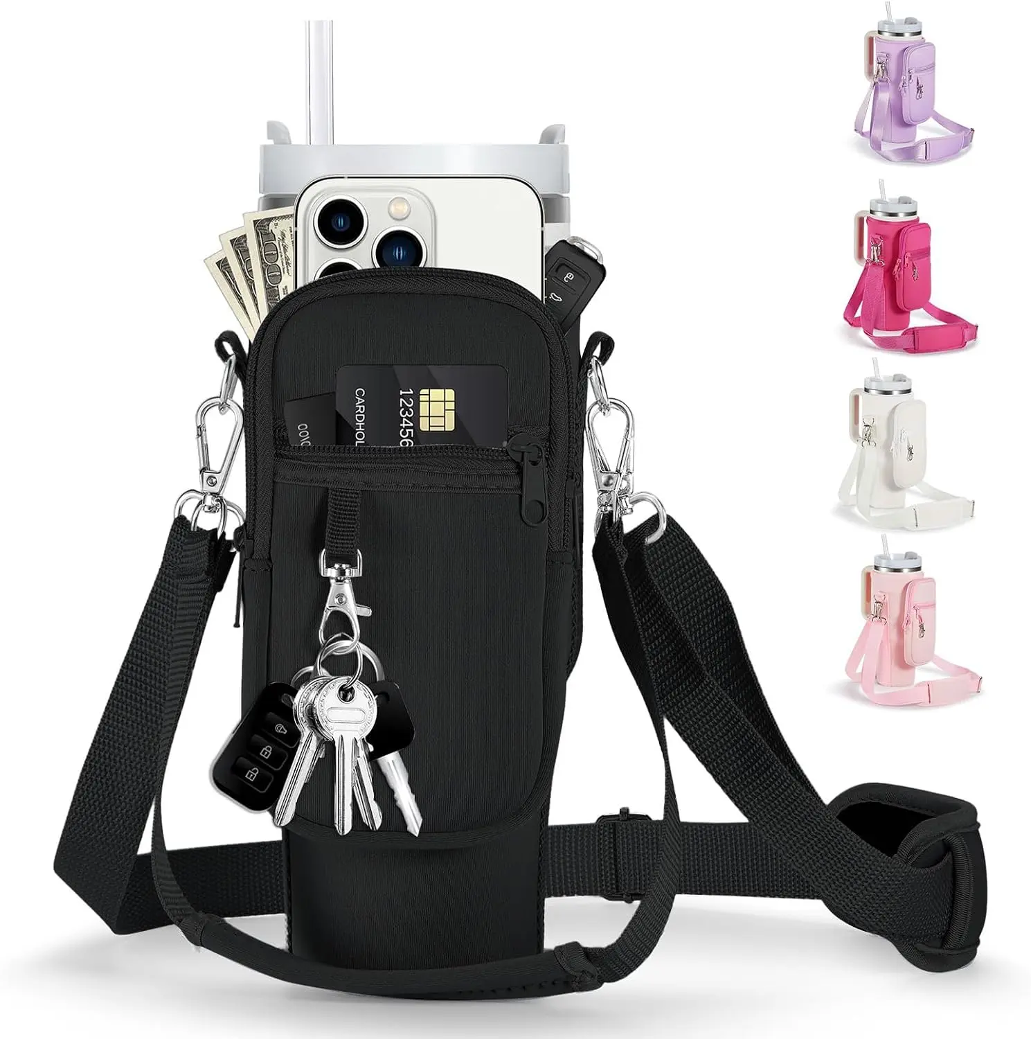 Water Bottle Carrier Bag for Stanley Cup 40/30oz with Phone Holder Pockets,Neoprene Water Bottle Cross-body Bag with Adjustable Shoulder & Hand Strap Stanley Cup Accessories
