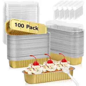 100 Pack Mini Loaf Pans with Lids and Spoons Disposable Aluminum Tin Foil Pans Rectangle Mini Loaf Cake Pan for Baking,Party,Picnics,Gifts (Gold) cooky