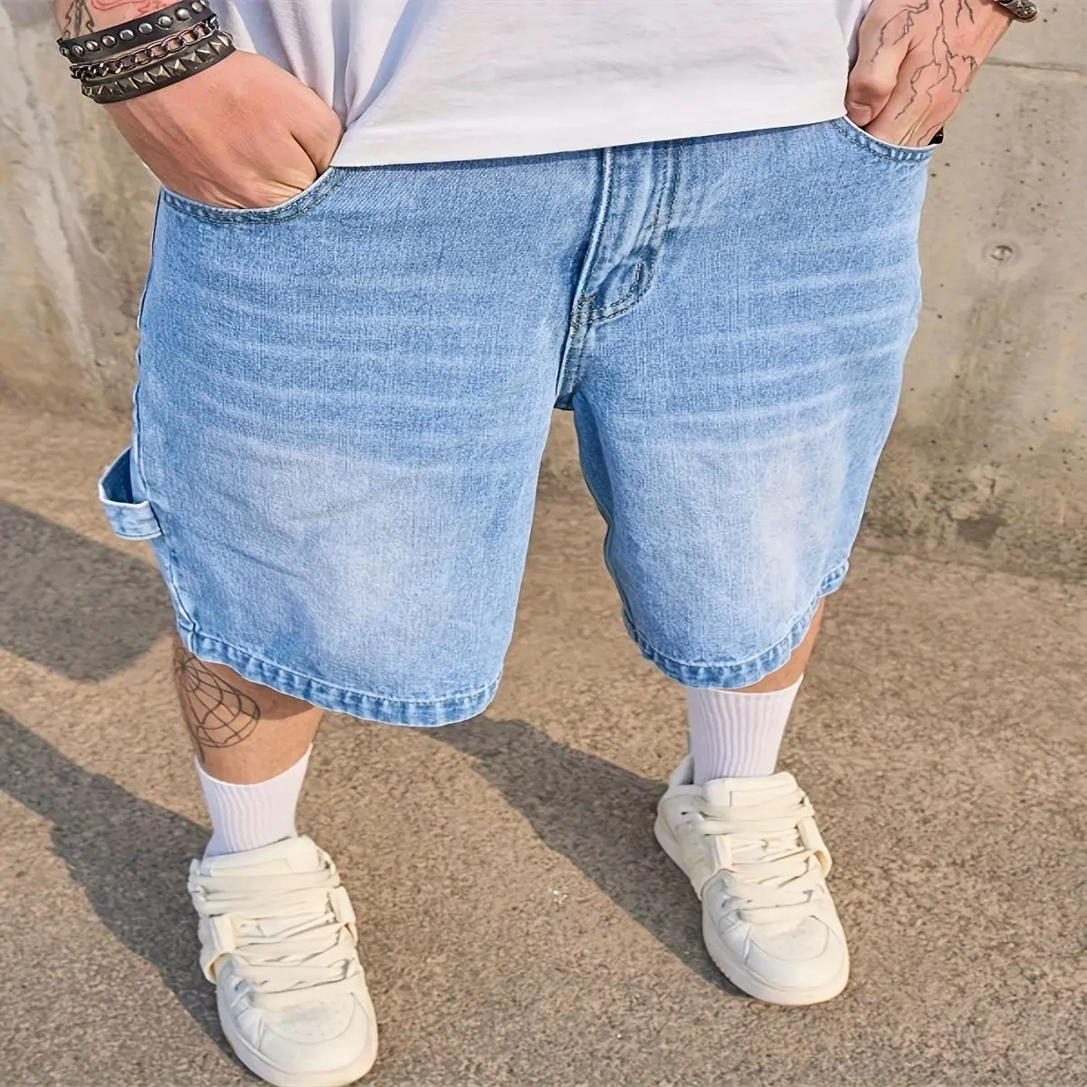 Men's Retro Denim Shorts Light Blue Loose Fit Mid-Length Five Quarter Pants Stretch Comfort Machine Washable All-Season Casual Wear Classic Pocket Design Medium Elasticity Jeans Menswear shorts men