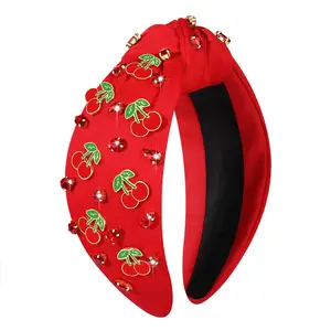 L-HDW001 Summer Fruit Headbands for Women Tropical Cherry Headbands Jeweled Rhinestone Knotted Headband Summer Beach Hair Accessories Outfits Vacation Gifts (Fruit F-Red)