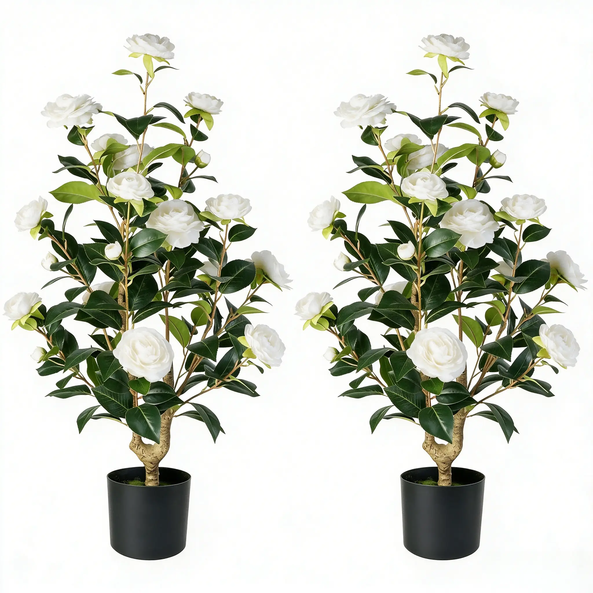 3FT Potted White Artificial Camellia Tree 2-Pack, UV Weather Resistant Realistic Faux Camellia Flower Shrubs in Black Planter, No Fading Fake Flower Plants, Indoor Outdoor Decor for Patio Garden Bedroom Wedding, Housewarming Gift
