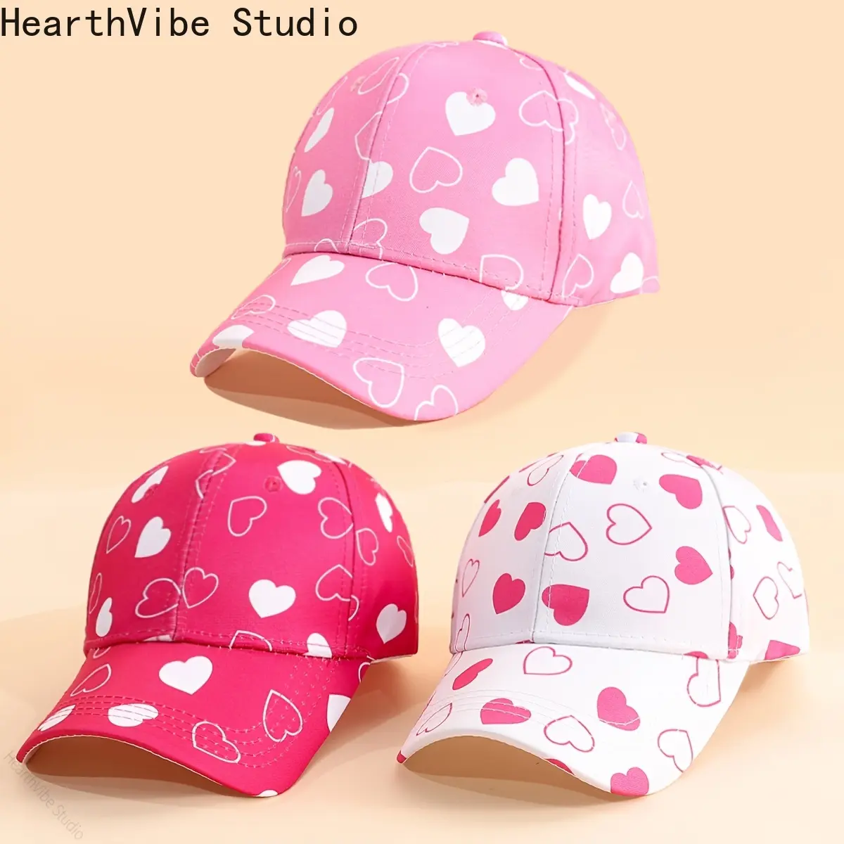 Girls' Pink Heart Pattern Matching Snapback Hats - Lightweight, Breathable Visor, Snap Closure, Back-to-School Gift, Spring Summer Daily Wear, Matching Hats, Pink Hat