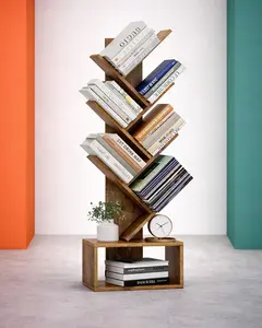6 Tier Tree Book Shelf - Small Bookshelf Decor, Corner Bookshelf, Living Room Storage, Tall Narrow DVD & CD Shelf Storage Bookshelves, Comic Bookcases Standing for Bedroom or Office, Rustic Brown