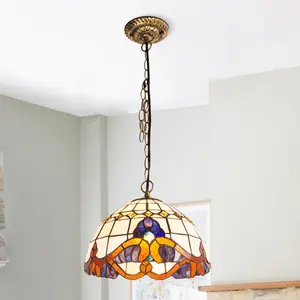 11.8 Inch Tiffany Style Baroque Stained Glass Pendant Light, Antique Bronze Iron Frame, 1-Light E26 Base, Adjustable Hanging Chain, Wall Switch Control for Kitchen Island Dining Room Living Room Foyer