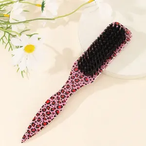 Nylon Hair Brush with Smooth Backside, Leopard Print, Soft Bristles for Curly Hair, Wide Rat Tail for Parting and Sectioning