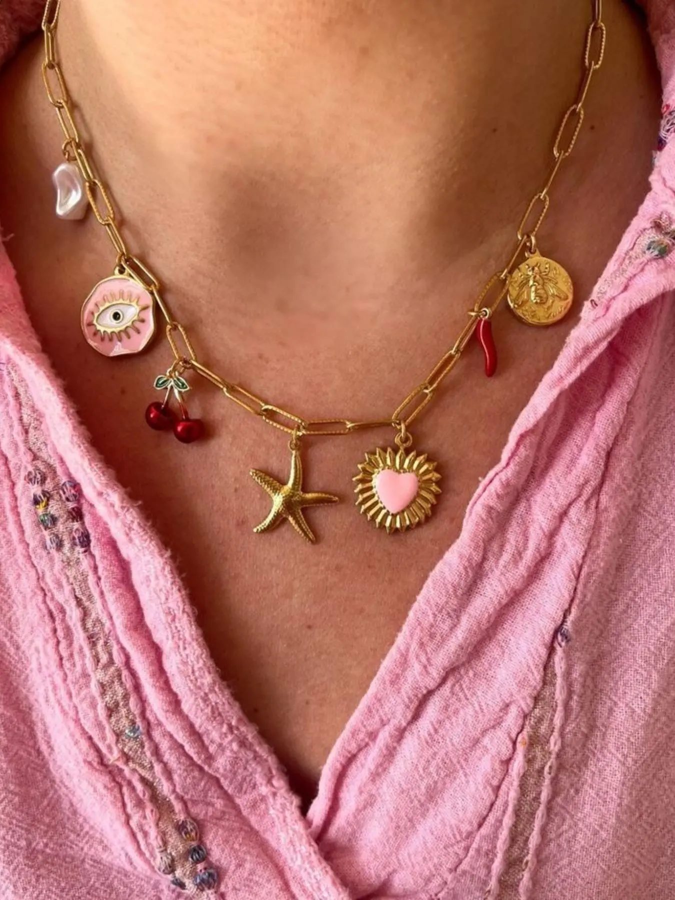 Cute Cherry, Starfish and Heart Design Pendant Necklace for Women, Clavicle Chain Necklace, Fashion Versatile Accessories, Trendy Jewelry for Daily Wear, Love Heart Necklace, Charm Necklaces Gift, Dangling Charms Necklace, Charms Choker Necklace