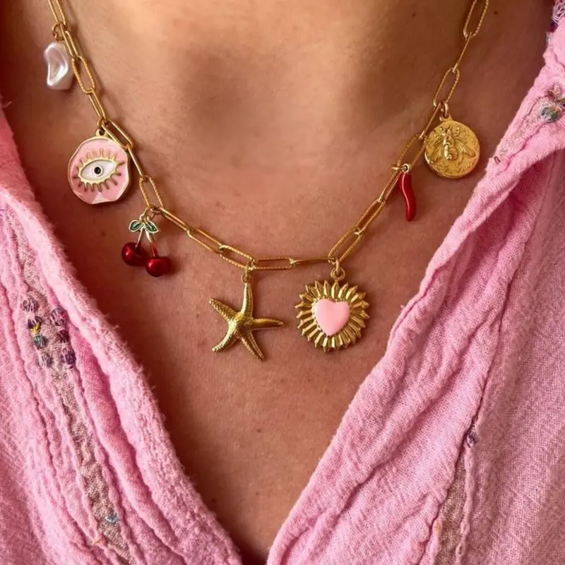 Cherry, Starfish and Heart Design Pendant Necklace for Women, Clavicle Chain Necklace, Copper Chain Jewelry, Versatile Accessories, Jewelry for Daily Wear, Charm Necklaces Gift