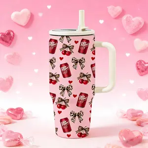 Siphalo 40oz Vacuum Cup with Handle & Straw, Double-Wall Stainless Steel Insulated Skinny Tumbler, Leak-Proof Thermal Mug That Keeps Drinks Hot for 12 Hours & Cold for 24 Hours, Cherry Soda Heart Pattern, Valentine's Day & Birthday Gift for Women & Men