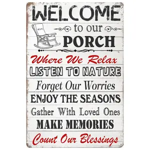 Vintage Metal Tin Sign Welcome to Our Porch Home Backyard Decor Patio Rules Pool Sign Farmhouse Bar Coffee Deck Outdoor Wall Decor Sign 12x8 Inches Room