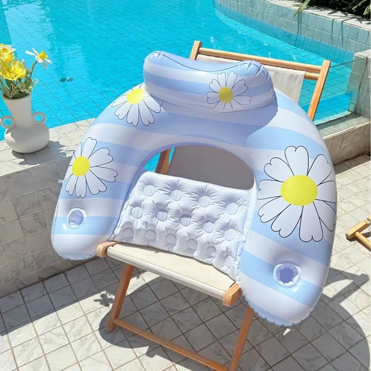 1pc Daisy U-Shaped Lounger Inflatable Pool Float, Backrest Cup Holder, Comfortable Swimming Pool Lounge Chair, Perfect for Relaxing