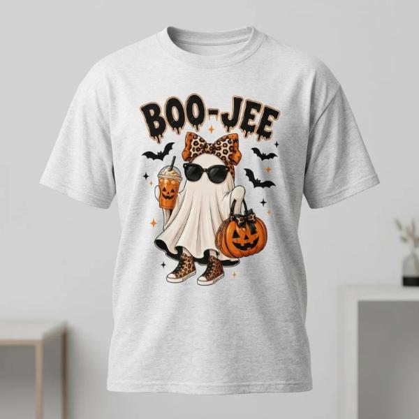 BooJee Ghost T-Shirt, Trendy Leopard Halloween Tee, Spooky Glam Graphic Shirt, Cozy Fall Coffee Lover Outfit, for Men & Women BooJee Ghost T-Shirt, Trendy Leopard Halloween Tee, Spooky Glam Graphic Shirt, Cozy Fall Coffee Lover Outfit, for Men & Women