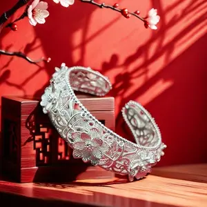 Solid Silver s999 bracelet Sterling Silver bracelet Ladies Open bracelet can be freely adjusted size Send girlfriend send Mom birthday holiday gift Silver weight 45g / 1.58oz